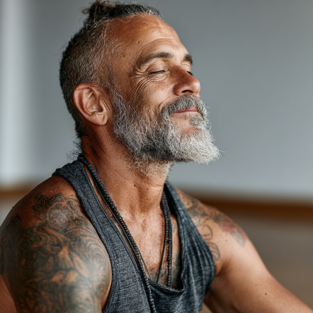 Experienced yoga instructor in his early 50s demonstrating a gentle pose in a bright studio, showing proper alignment and peaceful expression