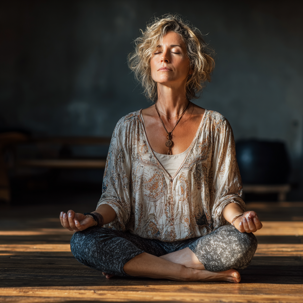 Serene woman in her late 40s practicing yoga in a peaceful studio setting, sitting in lotus position with eyes closed, radiating inner calm and mindfulness